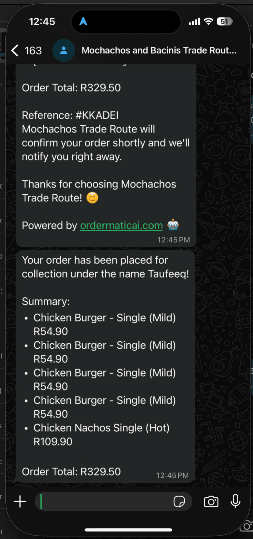 WhatsApp order conversation with choices